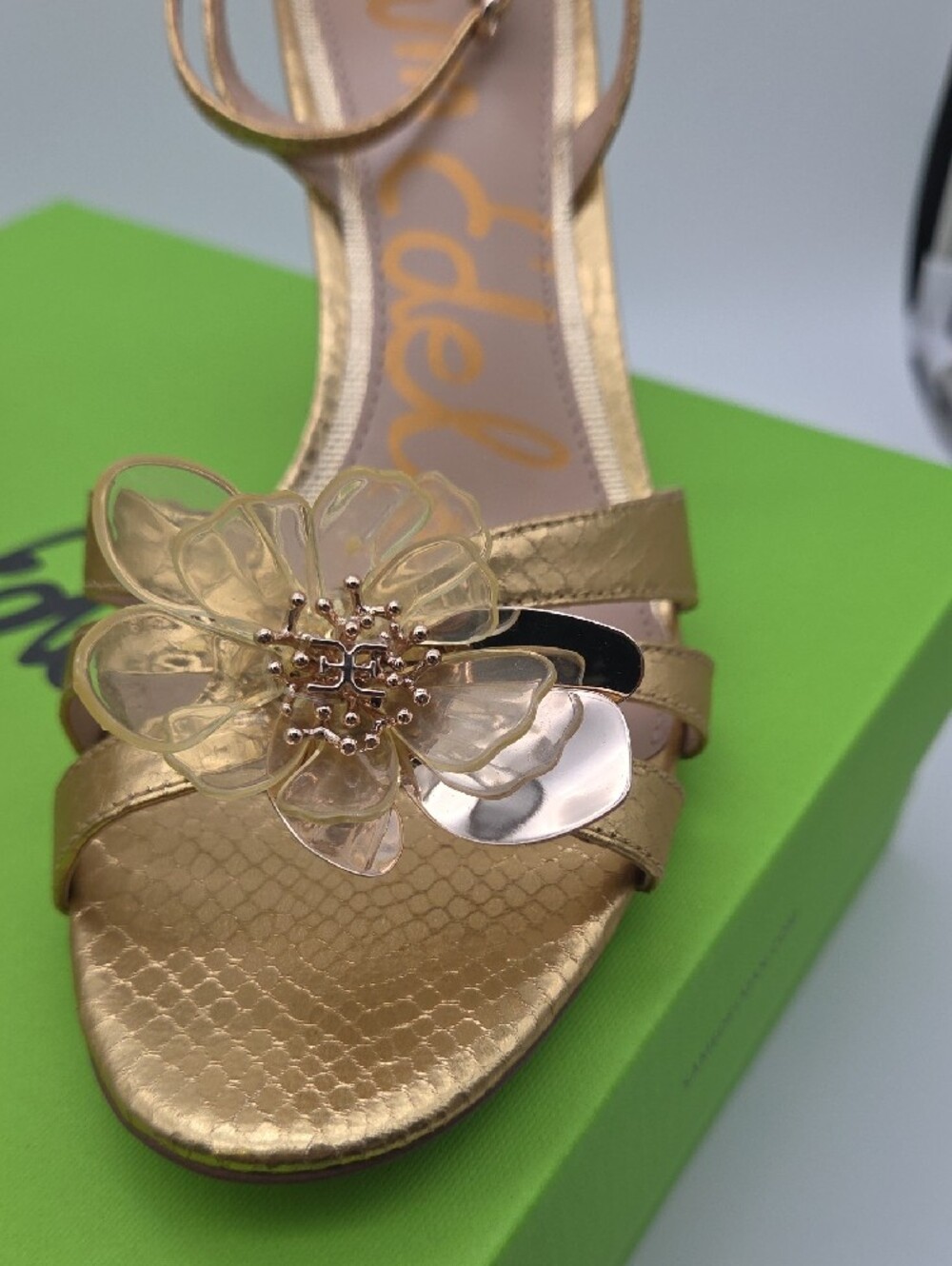 Sam Edelman Gold Metallic Floral Ankle-Strap Heels - Picture 3 of 7
